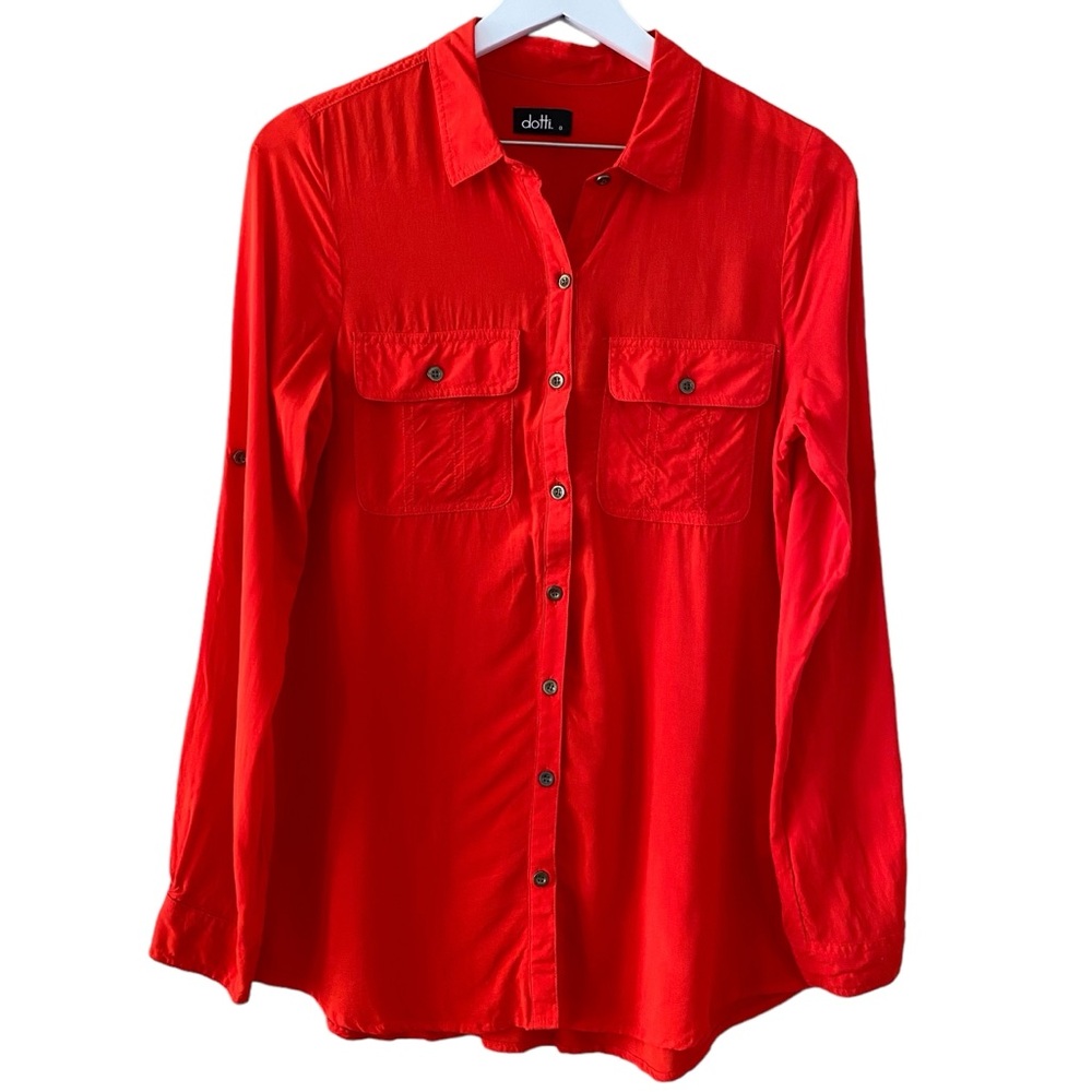 Dotti‎ Orange Red 100% Viscose Lightweight Long Sleeve Button Down Blouse Size 8